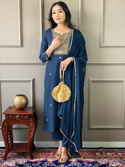 Neck Embroidered Cotton Blend Kurta With Pants & Dupatta