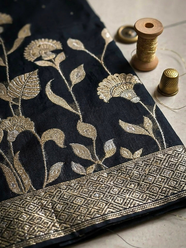 Embroidered Chanderi Unstitched Suit With Pant &amp; Dupatta
