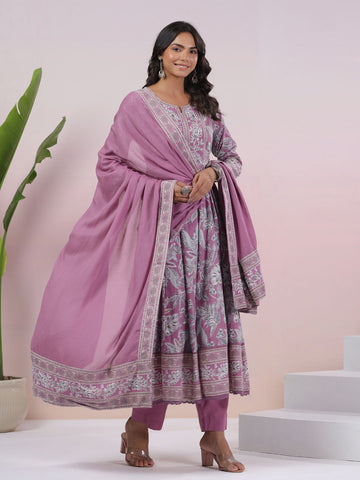 Floral Printed Cotton Blend Kurta With Pants & Dupatta