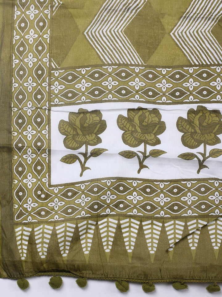 Printed Cotton Blend Unstitched Suit With Pant &amp; Dupatta