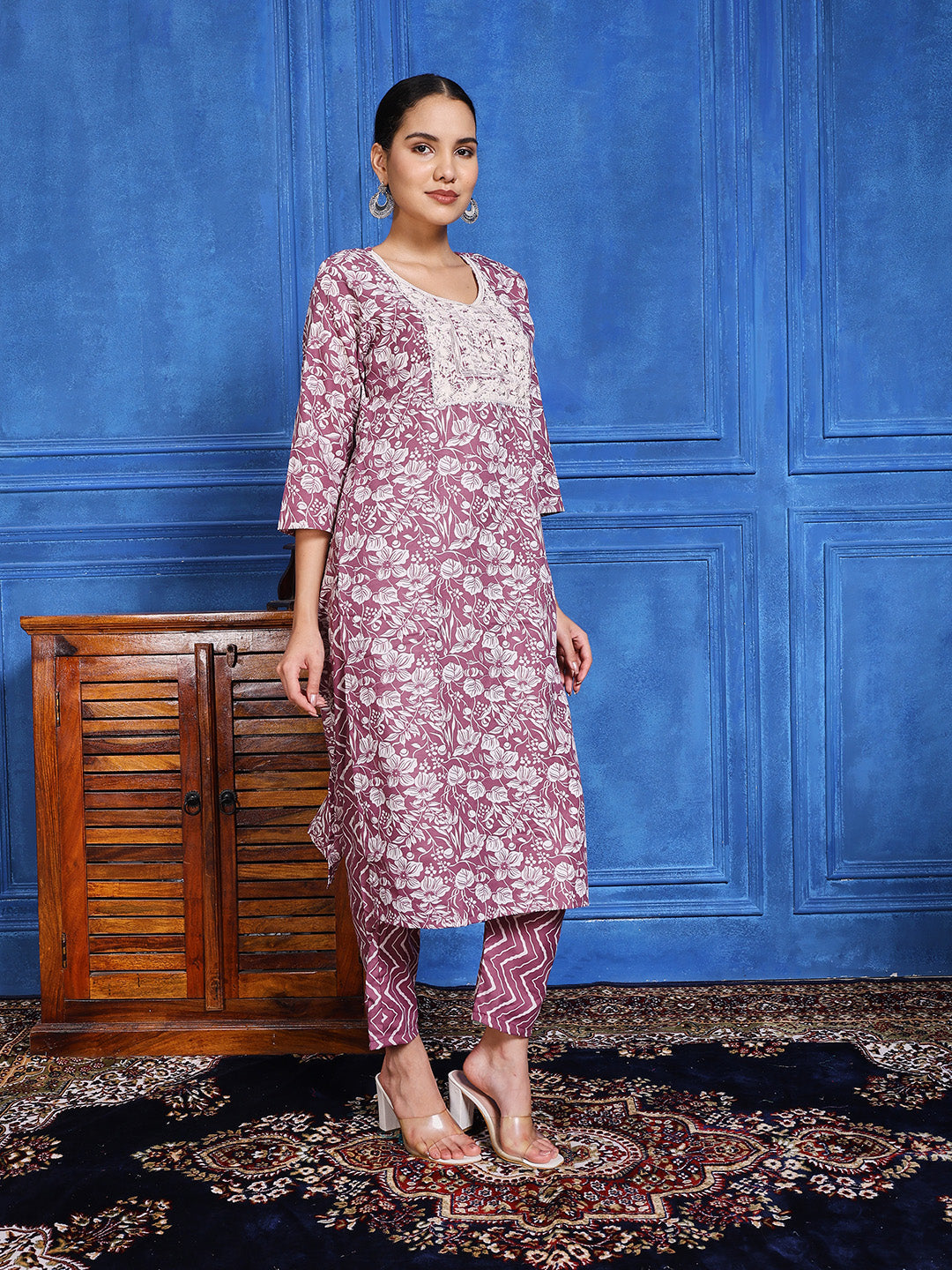 Printed Cotton Blend Kurta With Pants &amp; Dupatta