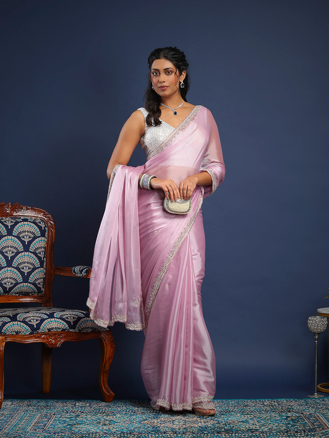 Stone &amp; Thread Embroidered Organza Saree