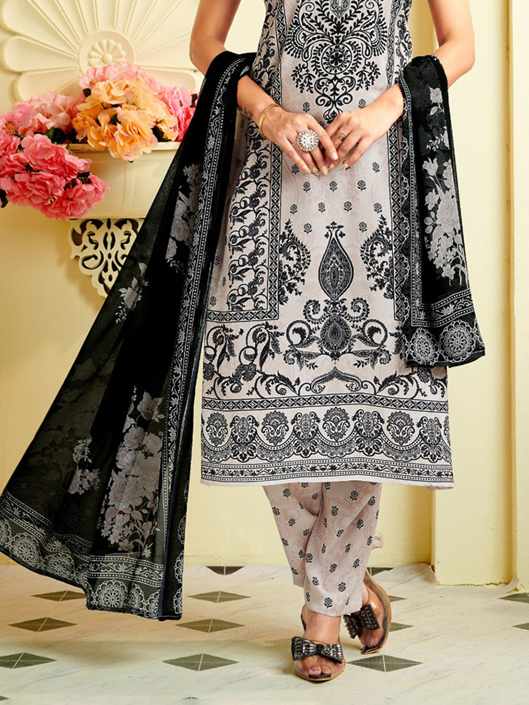 Printed Crepe Unstitched Suit With Pant &amp; Dupatta