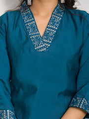 Neck Embroidered Chanderi Kurta With Pants & Dupatta