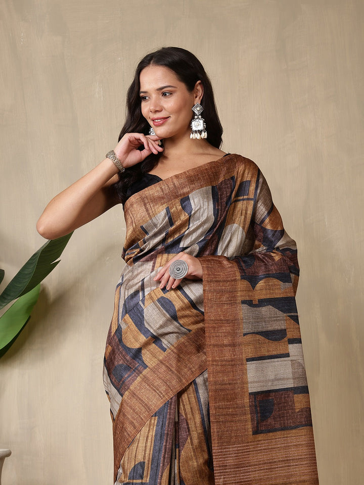 Printed Tussar Silk Saree