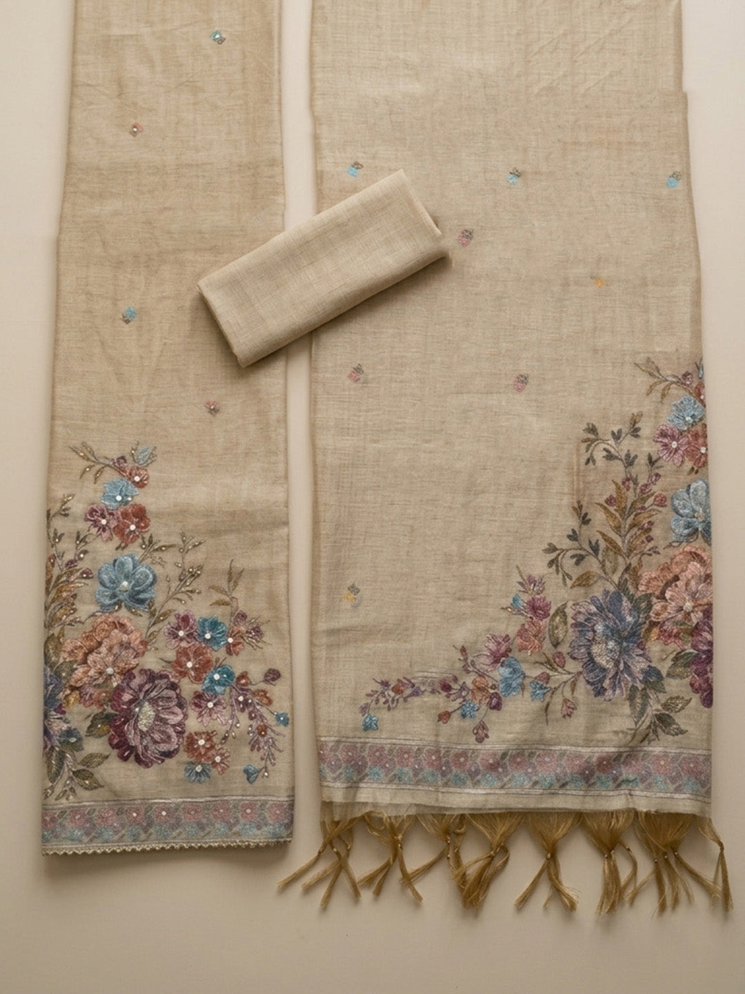 Embroidered Chanderi Unstitched Suit With Pant &amp; Dupatta