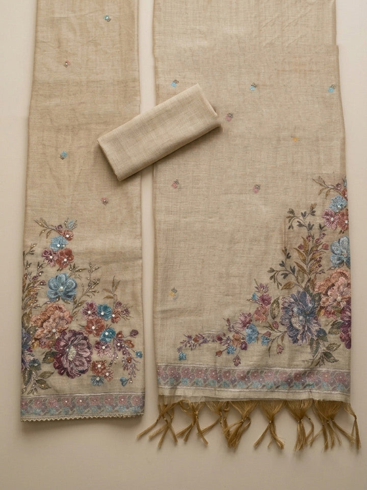 Embroidered Chanderi Unstitched Suit With Pant &amp; Dupatta