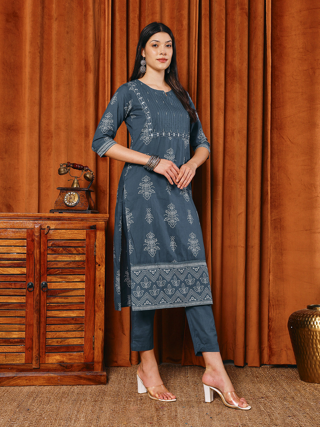 Printed Cotton Blend Kurta With Pants & Dupatta
