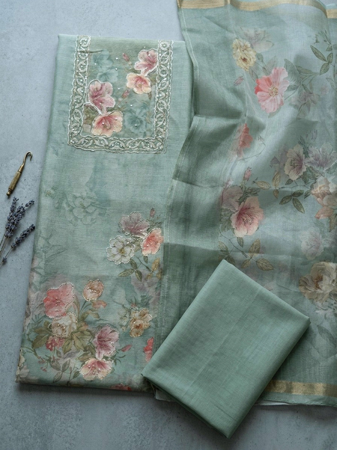 Embroidered Linen Blend Unstitched Suit With Pant &amp; Dupatta