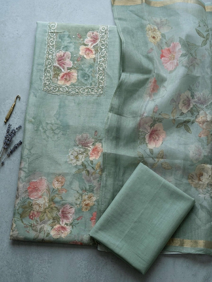 Embroidered Linen Blend Unstitched Suit With Pant &amp; Dupatta