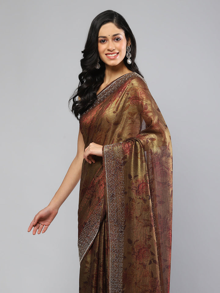 Printed &amp; Stone Border Chiffon Saree