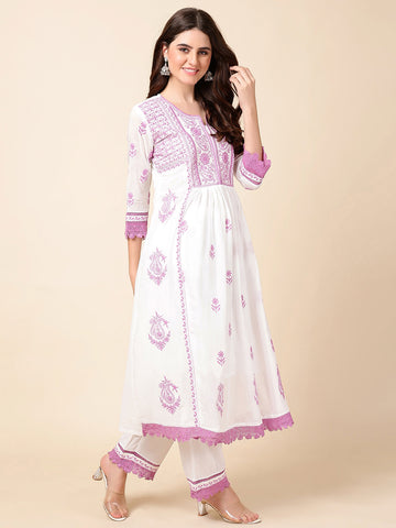 Printed Cotton Anarkali Kurta With Pants & Dupatta