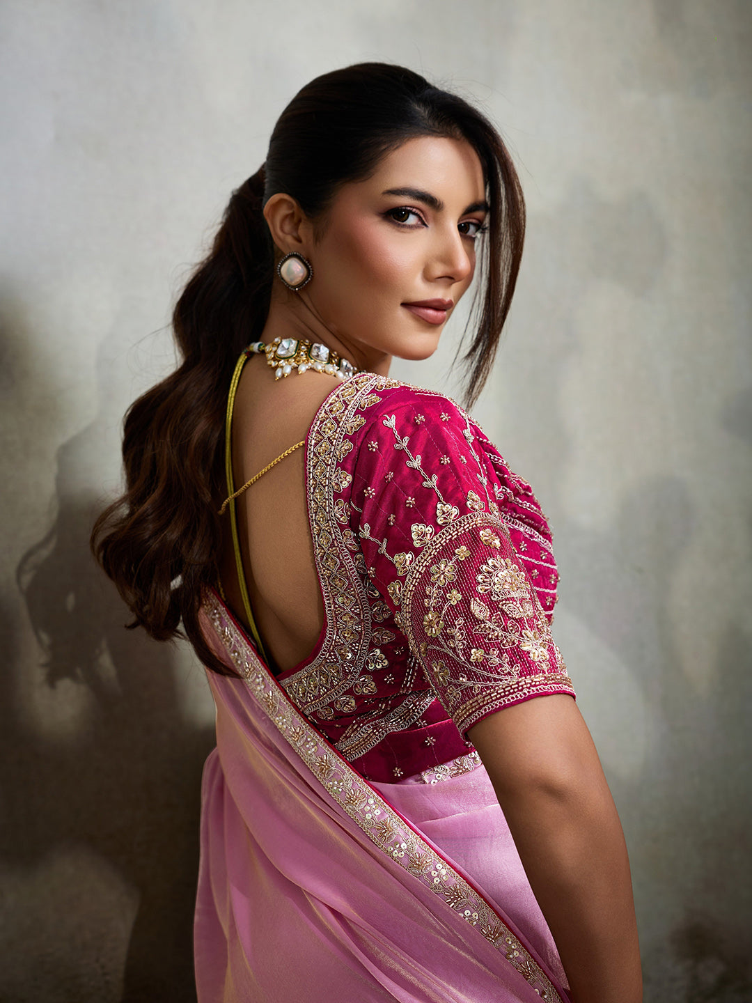 Embroidered Satin Saree With Readymade Blouse