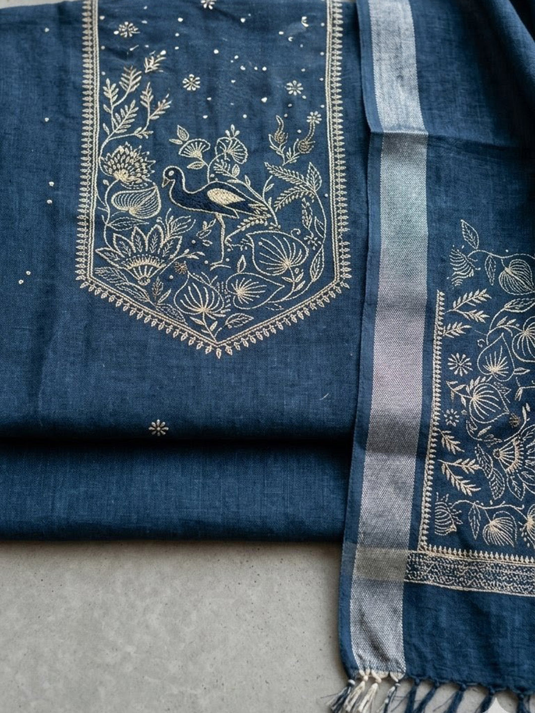 Embroidered Linen Blend Unstitched Suit With Pant &amp; Dupatta