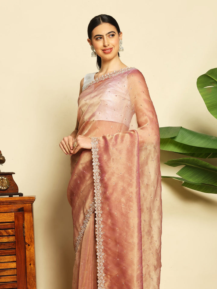 Cut Work &amp; Stone Embellished Tissue Saree