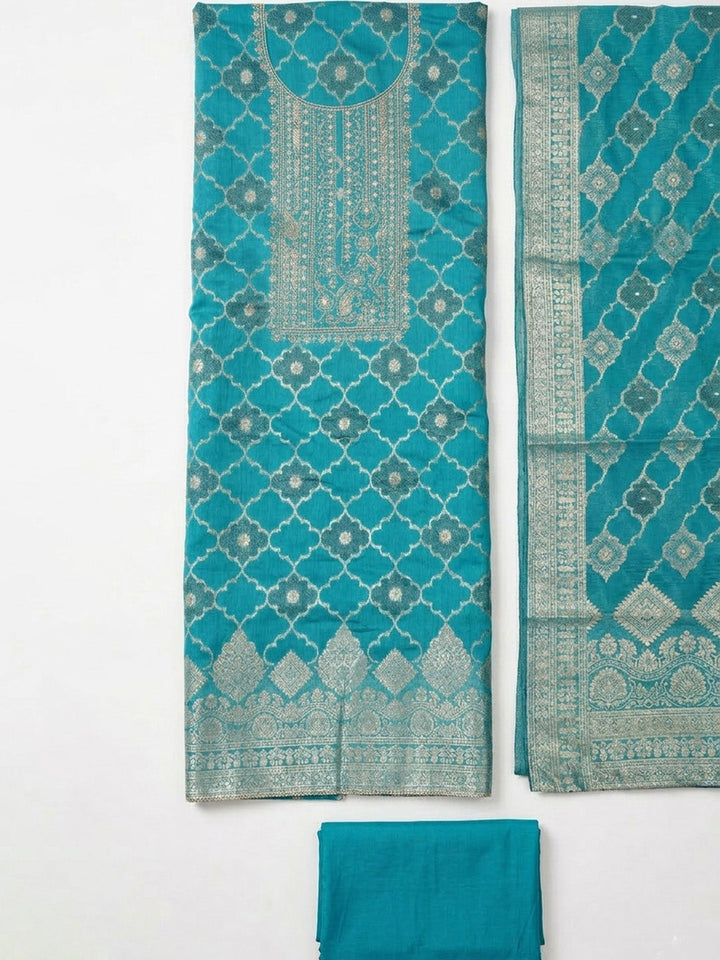 Embroidered Chanderi Unstitched Suit With Pant &amp; Dupatta