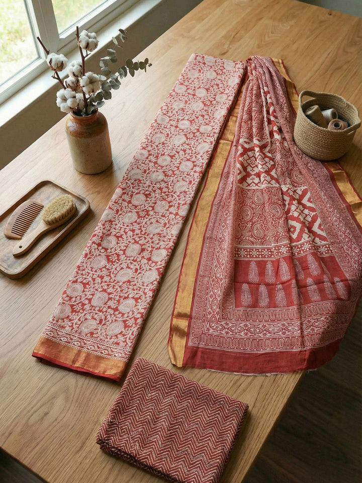 Printed Cotton Blend Unstitched Suit With Pant &amp; Dupatta