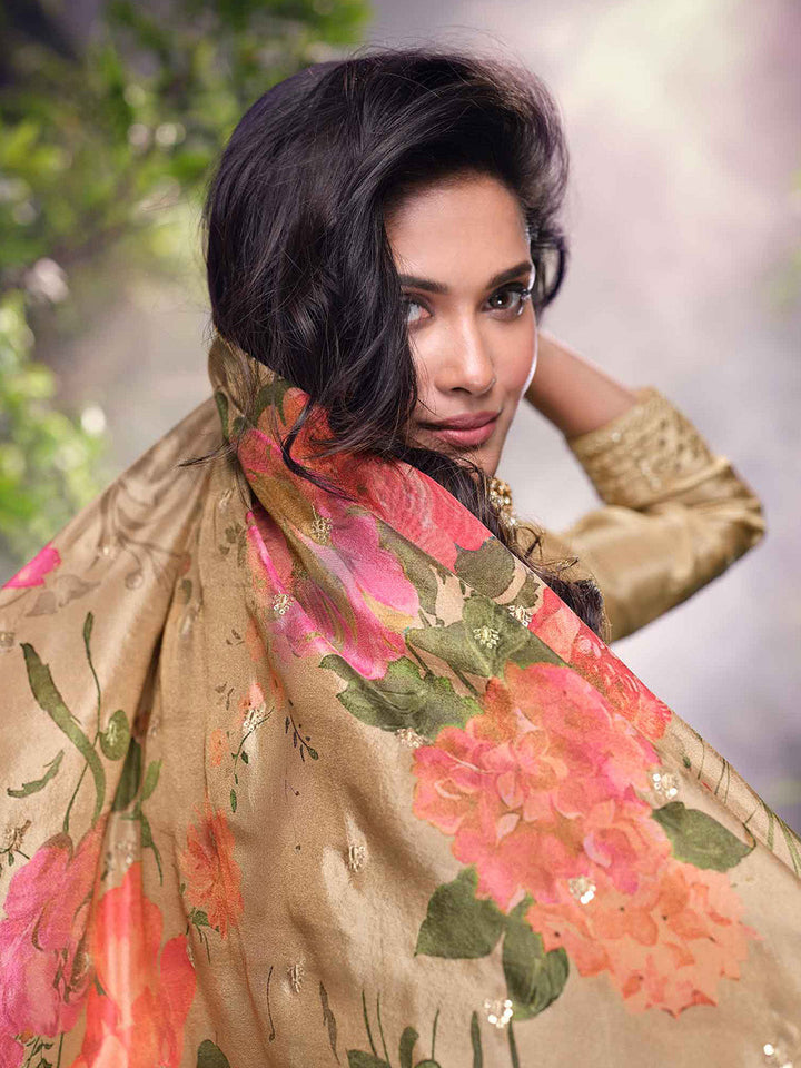 Embroidered Chinon Suit With Plazzo &amp; Dupatta