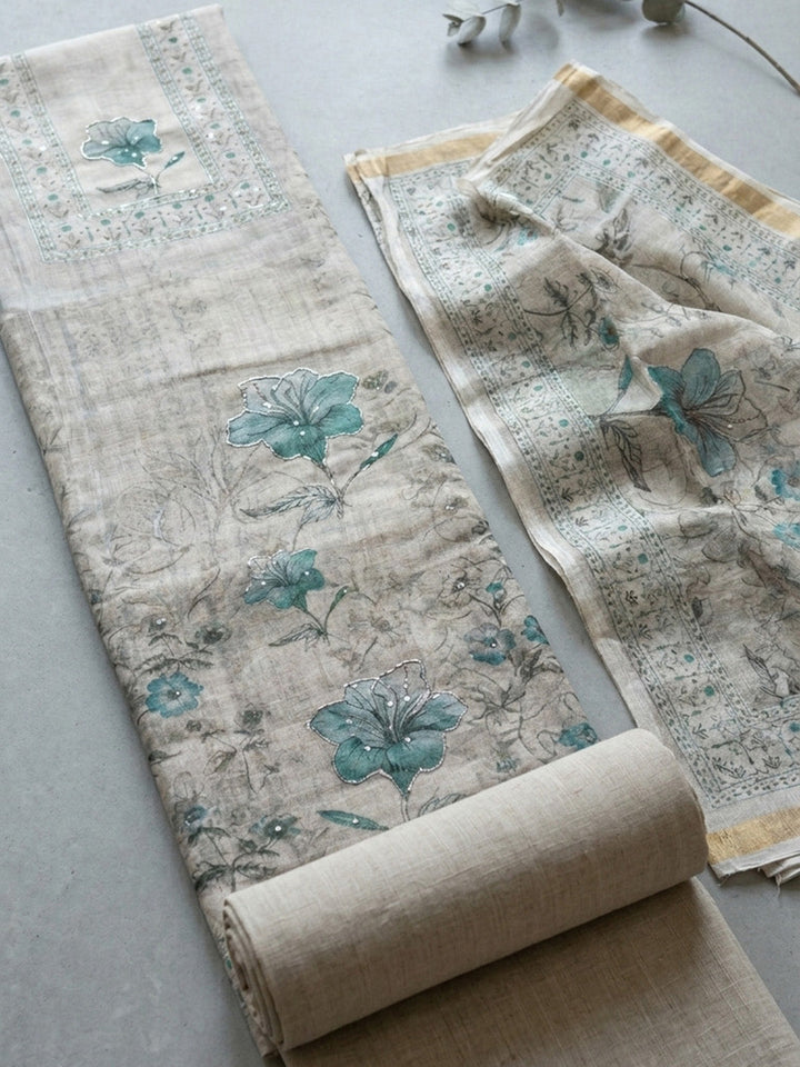 Printed Linen Blend Unstitched Suit With Pant &amp; Dupatta