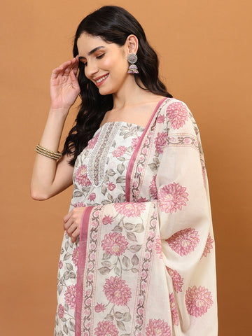 Neck Patti Cotton Blend Unstitched Suit With Dupatta