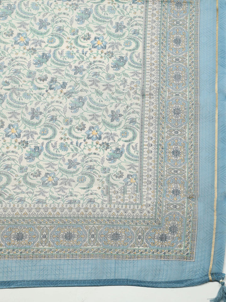 Embroidered Linen Blend Unstitched Suit With Pant &amp; Dupatta