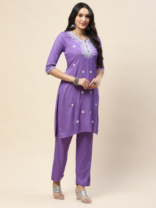 Resham Embroidery Cotton Kurta With Pants & Dupatta