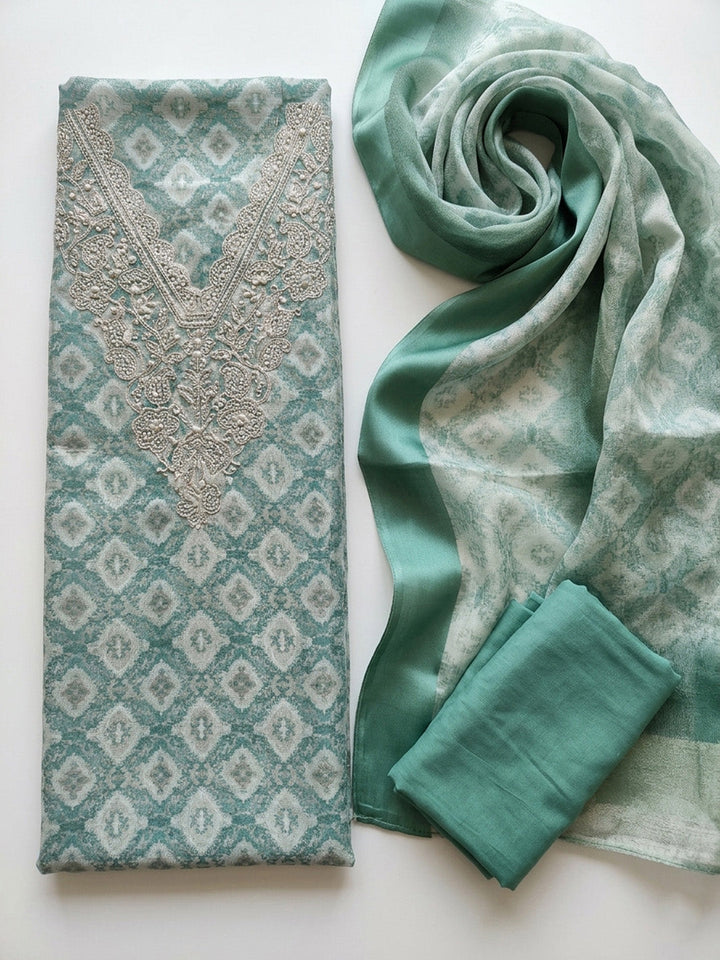 Embroidered Cotton Blend Unstitched Suit With Pant &amp; Dupatta