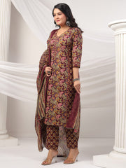 Printed Cotton Blend Kurta With Pants & Dupatta