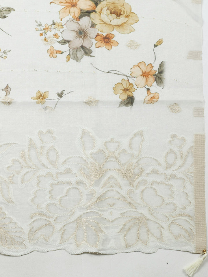 Embroidered Linen Blend Unstitched Suit With Pant &amp; Dupatta