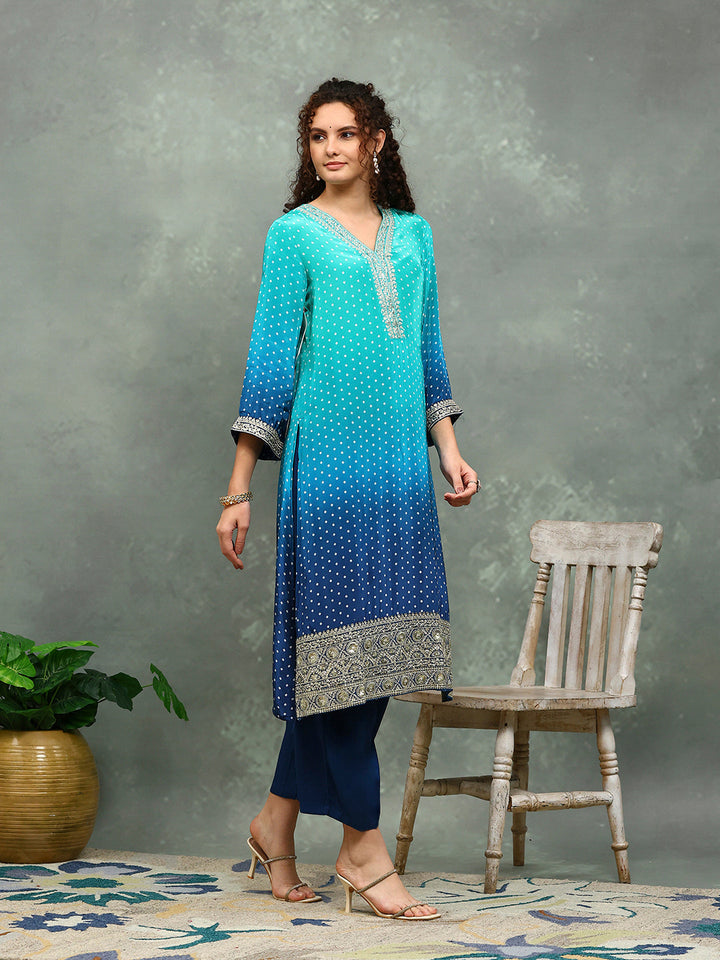 Bandhani Printed Crepe Kurta With Pants &amp; Dupatta
