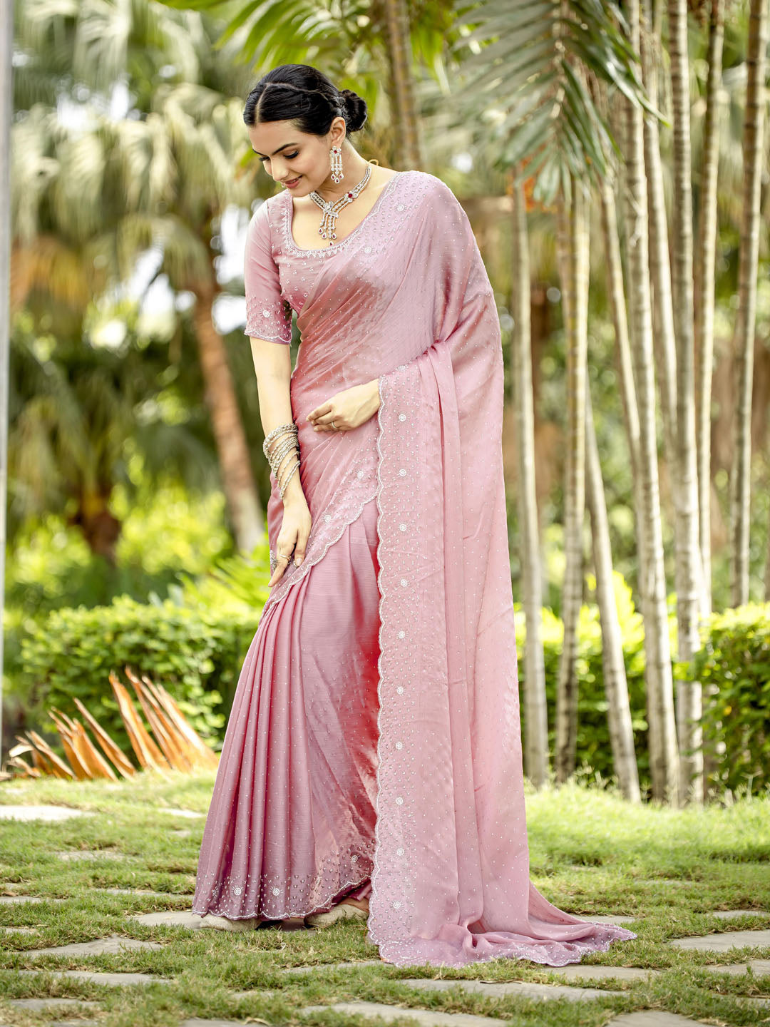 Cutdana Embroidered Chinon Saree