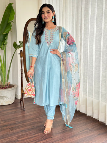 Neck Zari Embroidery Chanderi Kurta With Pants & Dupatta