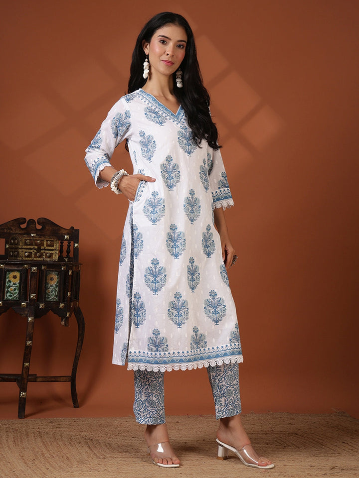 Printed Cotton Blend Kurta With Pant &amp; Dupatta