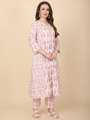 Floral Block Printed Cotton Kurta With Pants & Dupatta