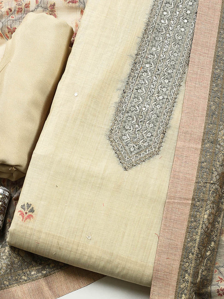 Embroidered Chanderi Unstitched Suit With Pant &amp; Dupatta
