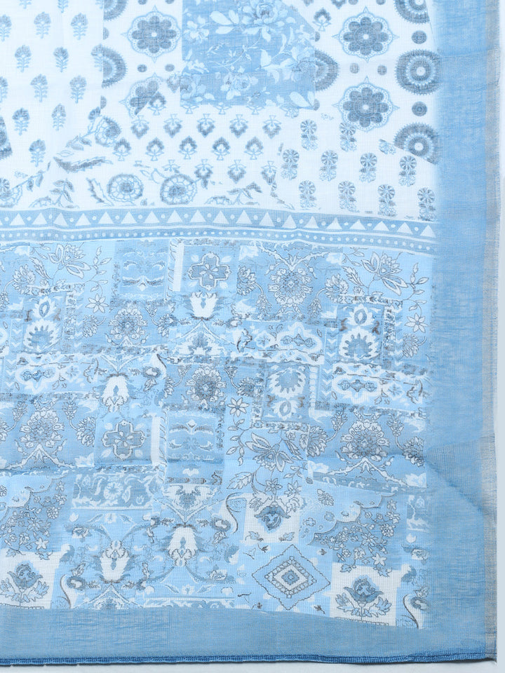 Printed Linen Blend Unstitched Suit With Pant &amp; Dupatta