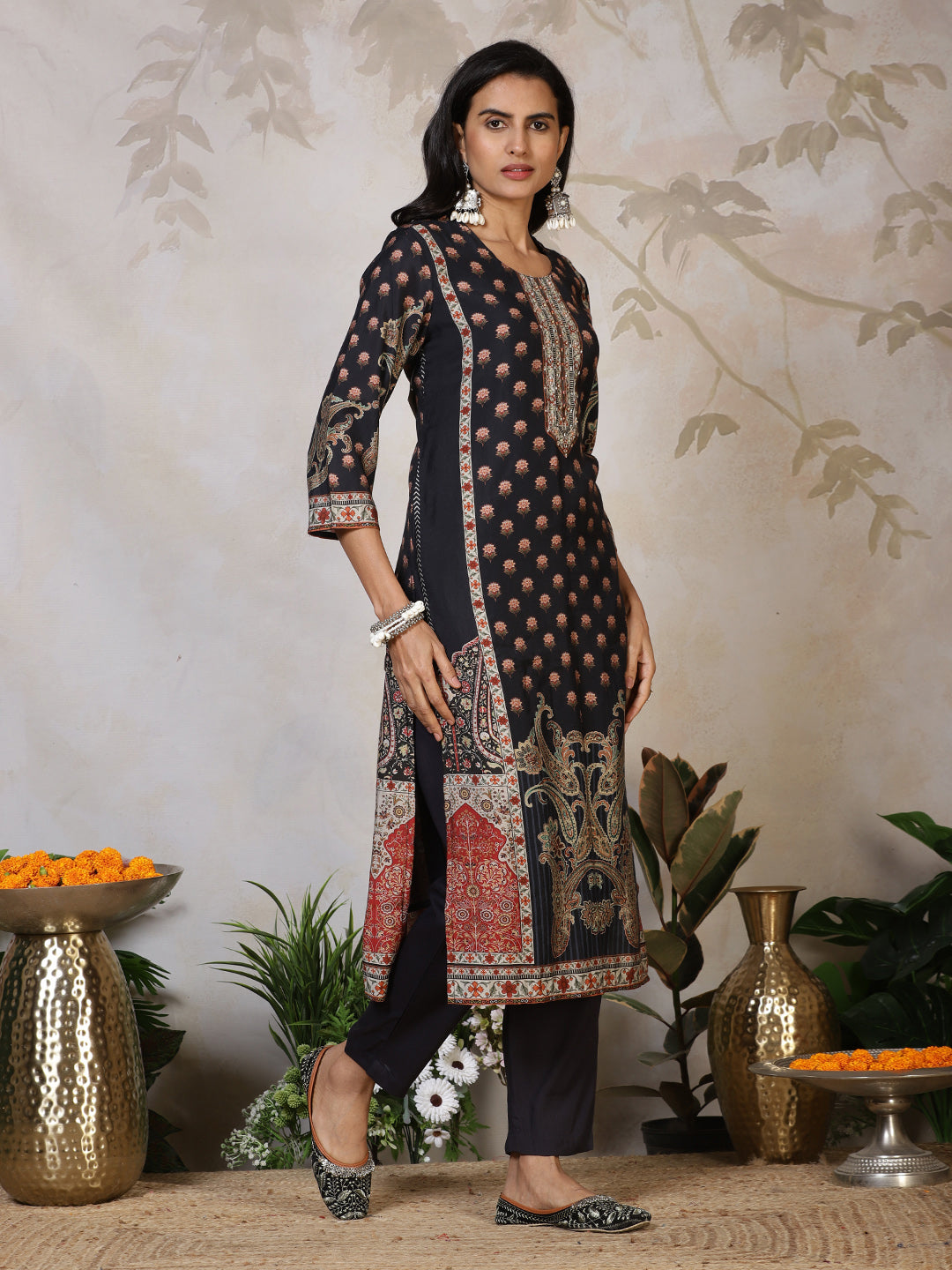 Printed Cotton Blend Kurta With Pants & Dupatta