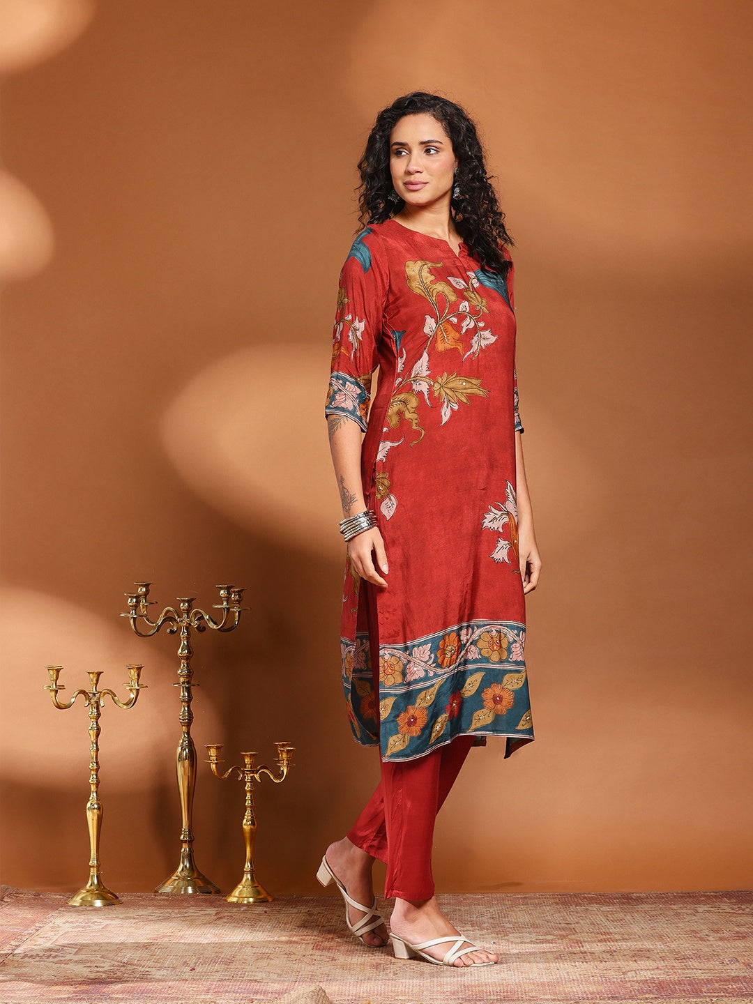 Floral Print Muslin Kurta With Pant &amp; Dupatta