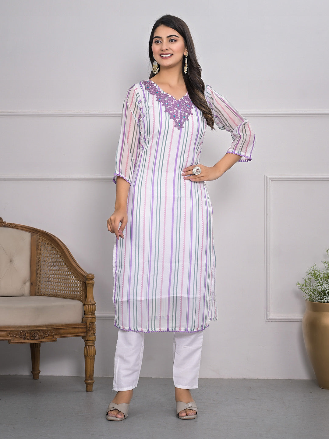 Neck Embroidered Georgette Kurta With Pants &amp; Dupatta