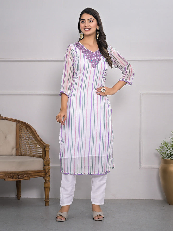 Neck Embroidered Georgette Kurta With Pants &amp; Dupatta