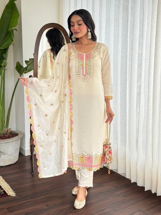 Neck Embroidered Chanderi Kurta With Pants & Dupatta