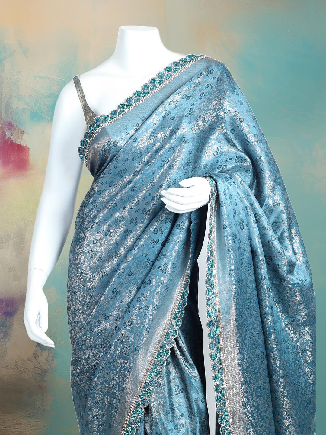 Floral Woven Design &amp; Embellished Border Satin Saree