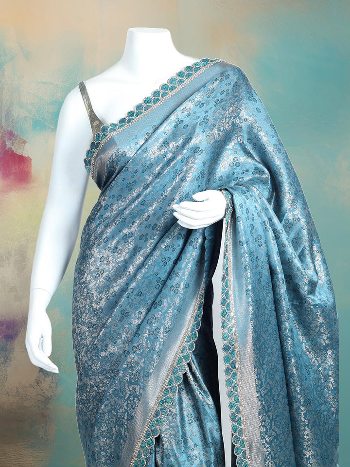 Floral Woven Design &amp; Embellished Border Satin Saree