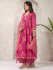 Floral Printed Cotton Blend Kurta With Pants & Dupatta