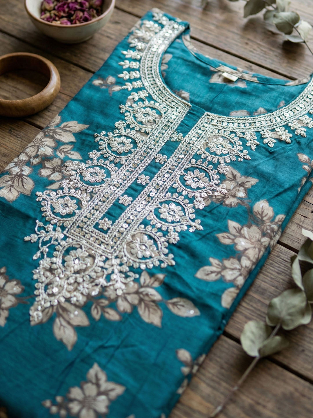 Embroidered Cotton Blend Unstitched Suit With Pant &amp; Dupatta