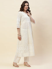 Resham Embroidery Cotton Kurta With Pants & Dupatta