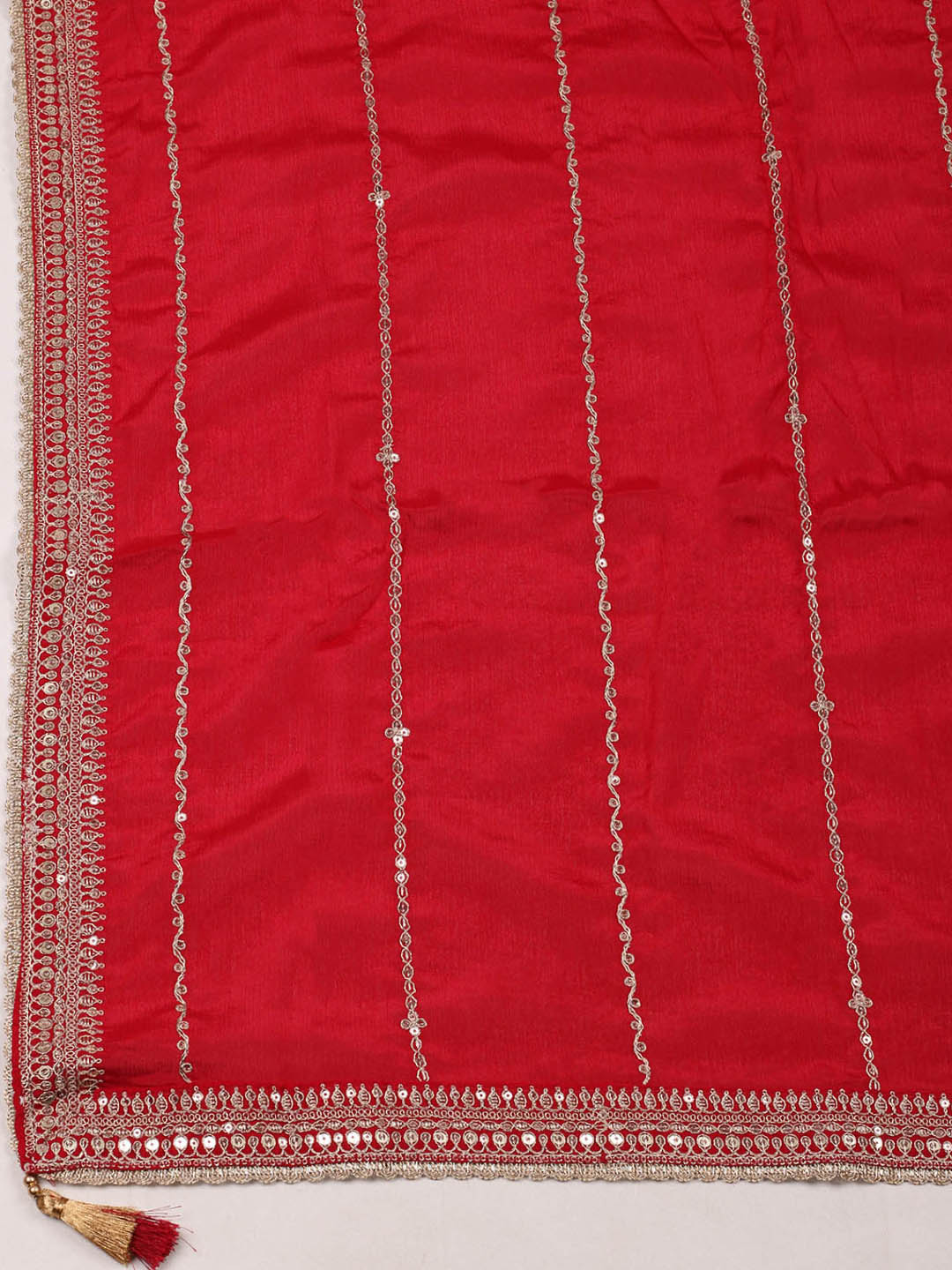 Embroidered Chinon Red Unstitched Suit With Pant &amp; Dupatta