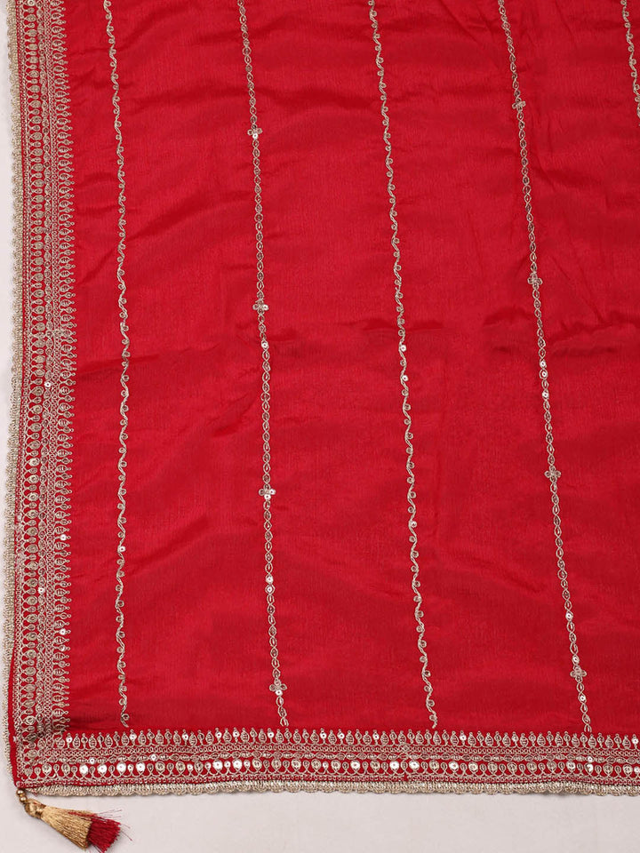 Embroidered Chinon Red Unstitched Suit With Pant &amp; Dupatta