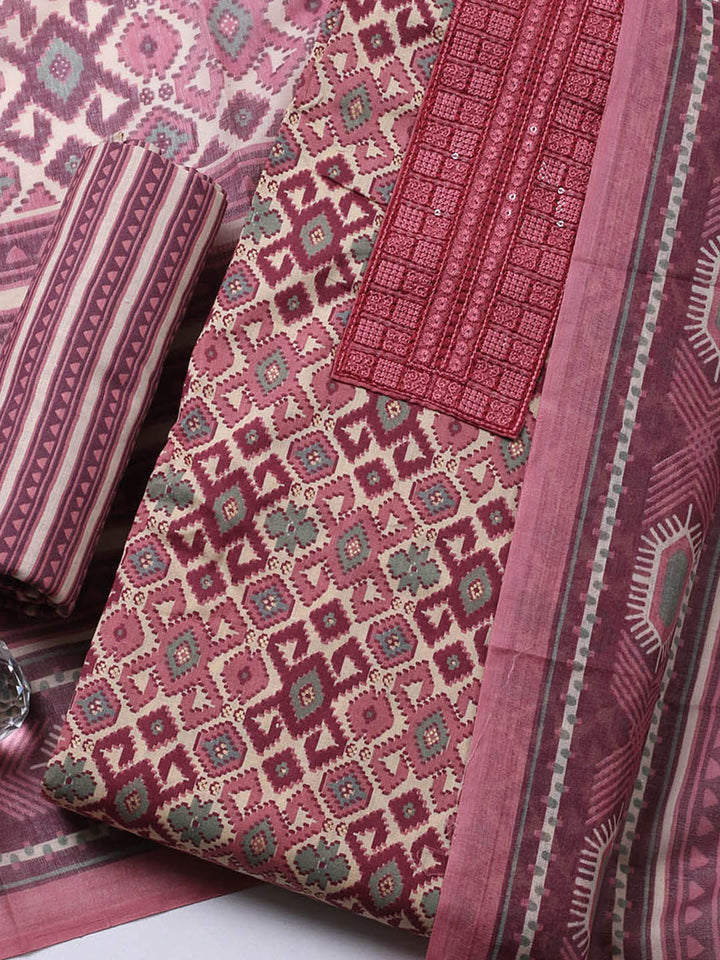 Printed Cotton Blend Unstitched Suit With Pant &amp; Dupatta