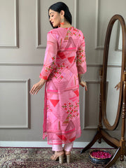 Floral Printed Organza Kurta With Pants & Dupatta